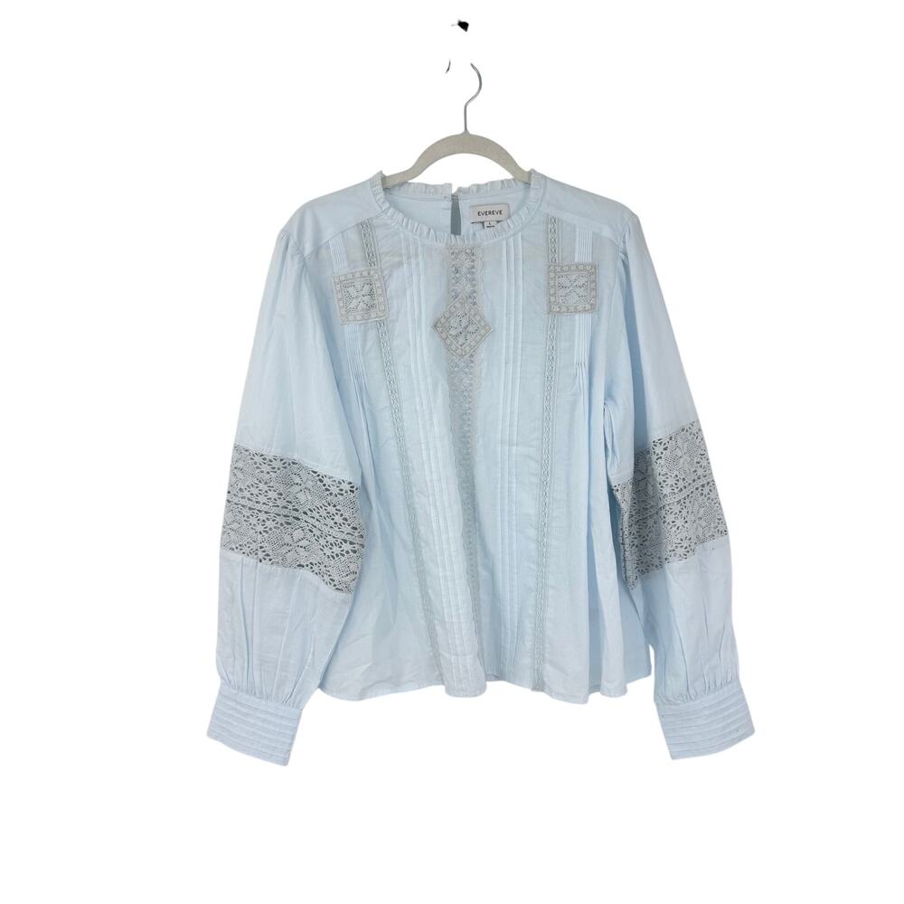 Evereve Womens Victorian Blouse Size L Bishop Sleeve Crochet Boho Edwardian Blue - Picture 2 of 13